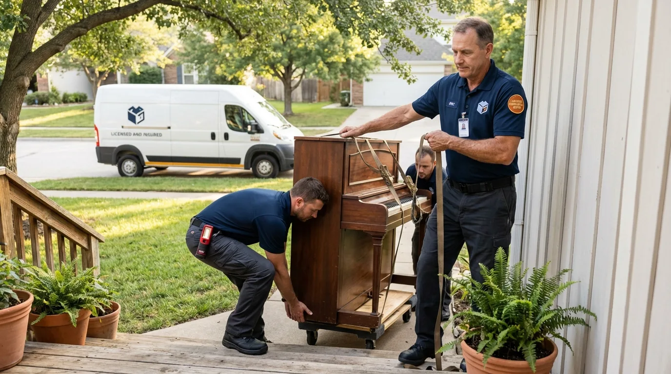 Licensed piano movers securing grand piano in Tonganoxie, KS