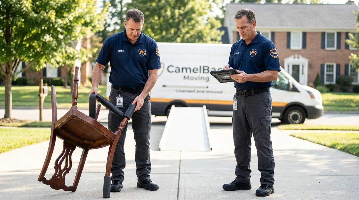 Movers inspecting furniture for damage prevention before loading in Tonganoxie, KS