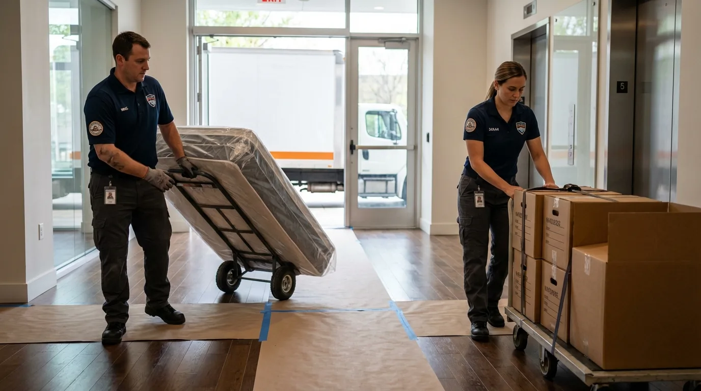 Professional apartment movers loading elevator in Tonganoxie, KS