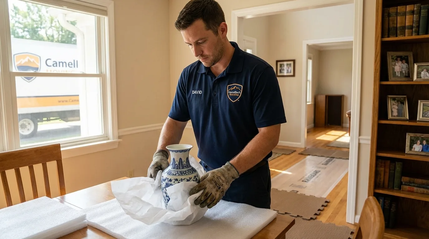 Professional crew carefully wrapping antique vase for senior downsizing move in Tonganoxie, KS